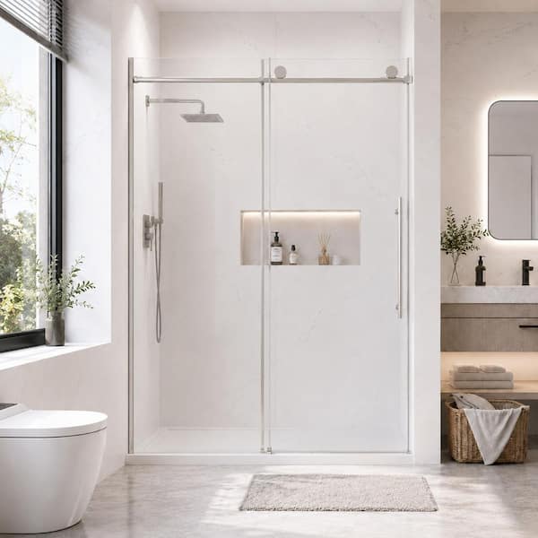 Mark 60 in. W x 73 in. H Soft Closing Sliding Semi Frameless Shower Door in Brushed Chrome with Tempered Glass