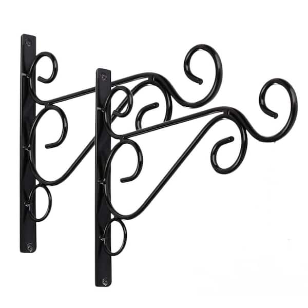 10 in. Black Iron Outdoor Hanging Brackets with Screws & Wall Hooks for Bird Feeders, Lanterns and Wind Chimes (2-Pack)