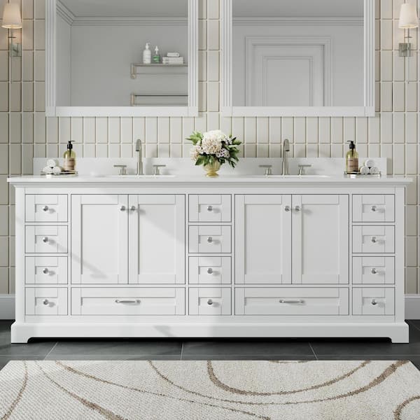 84 in. W Solid Wood Modern Bath Vanity with White Cultured Marble Top, Double Sink, Soft Closing Door, Fully Assembled