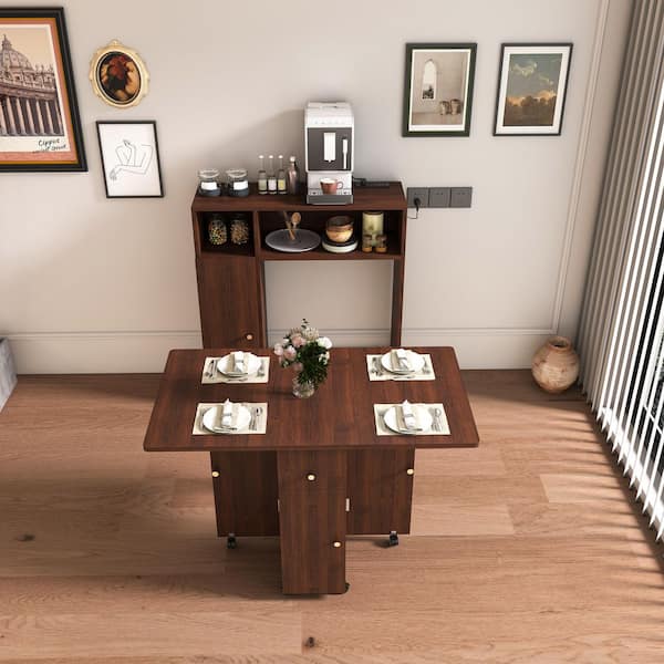 Walnut Brown Multifunctional Wood Pantry Organizer with Wall-Mounted Sideboard, Storage, Folding Dining Table