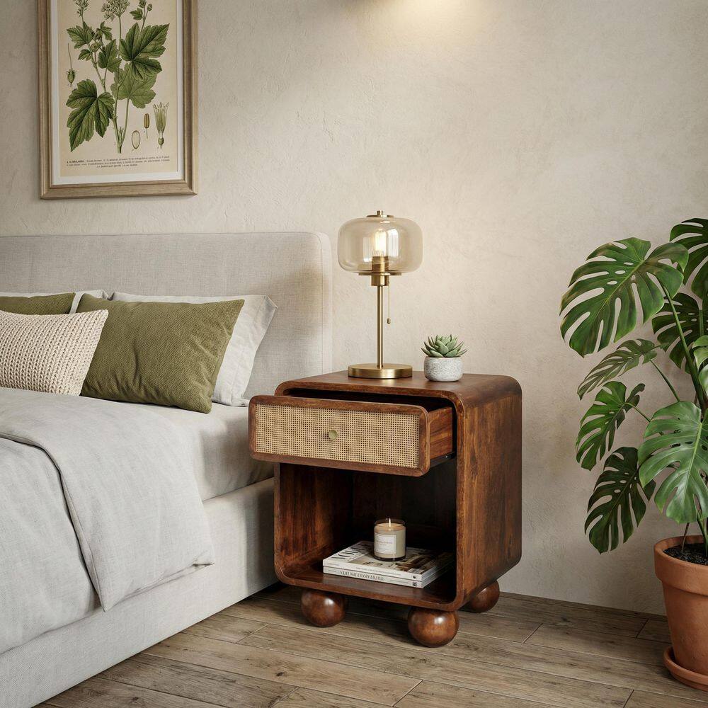 Noble House Onelio Brown 1 Drawer Solid Wood Nightstand with Woven ...