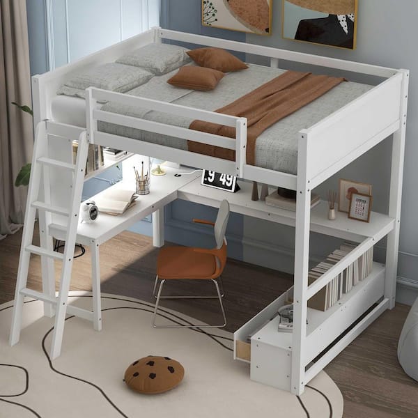 White Full Size Wood Loft Bed with L-shaped Desk, LED light and USB Charging Station, Storage Bench with 2-Drawers