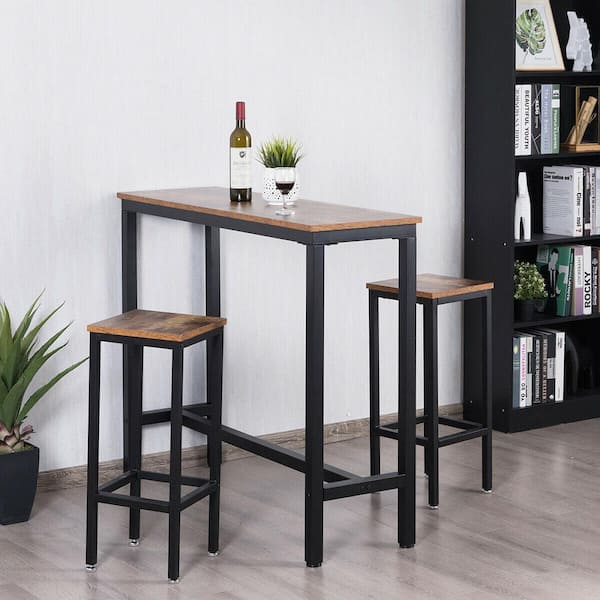 Gymax 3 Pieces Rustic Brown Bar Table, Kitchen Bar Table And Stools Set