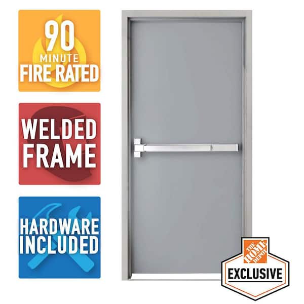 Armor Door 36 in. x 80 in. Fire-Rated Gray Right-Hand Flush Steel Prehung Commercial Door and Frame with Panic Bar and Hardware