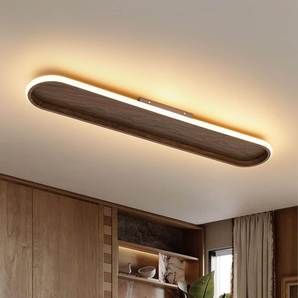 HUOKU Lumin 31.7 in.W Brown Woodgrain Integrated LED Flush Mount