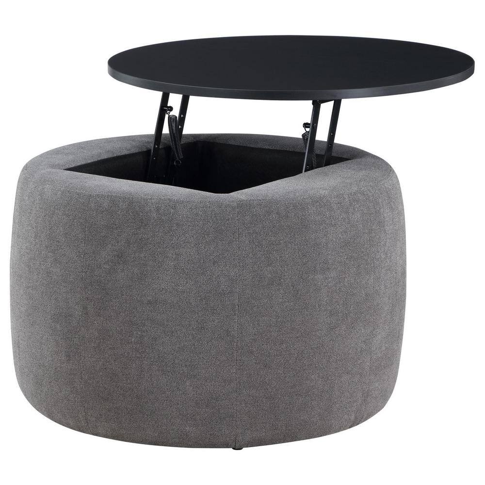 Gray and Black Round Upholstered Lift-Top Storage Ottoman