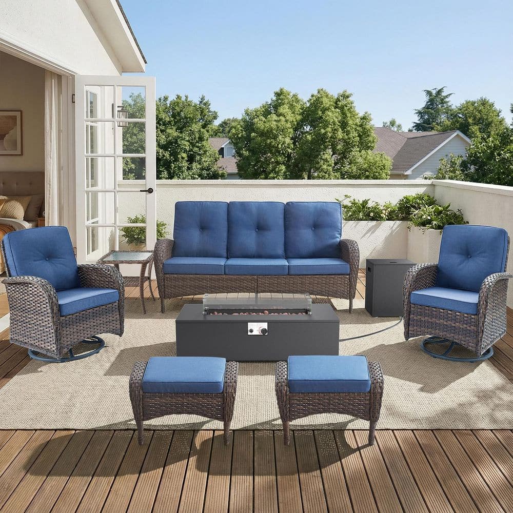 Carlos Brown 7-Piece Wicker Fire Pit Conversation Set Outdoor Swivel Glider Chairs with Bule Cushions price history on PriceWatchPro