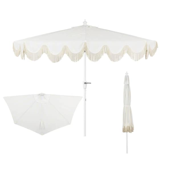 Beverly 9 ft. Scalloped Fringe Half Market Patio Umbrella with Crank, Tilt Button and UV Protection in Cream/White