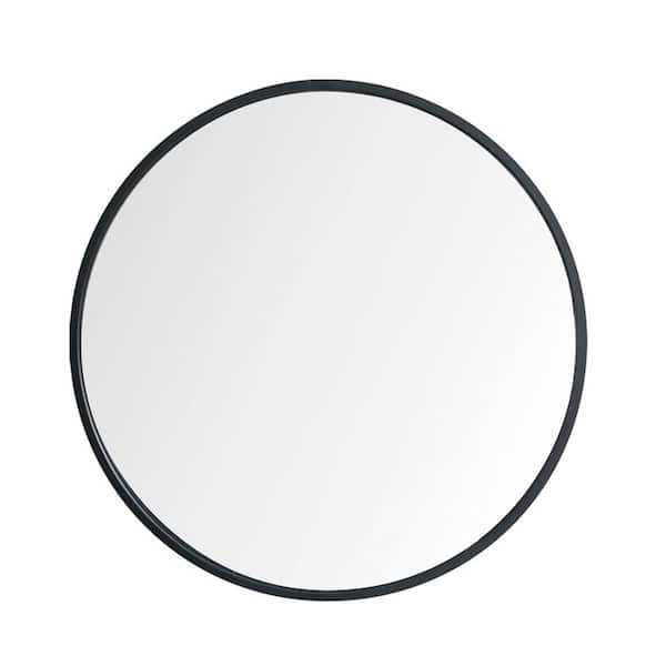 JimsMaison 32 in. W x 32 in. H Round Glass Framed Wall Mounted Hanging Bathroom Vanity Mirror in Matte Black