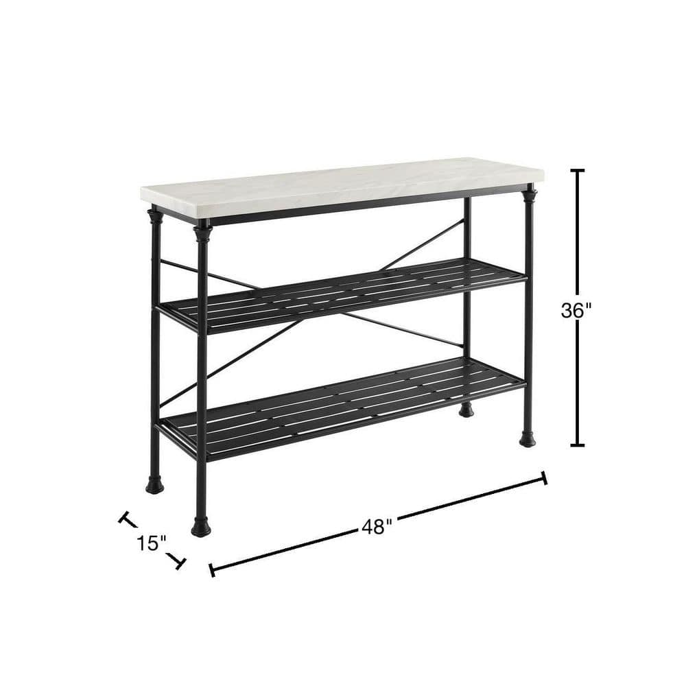 French Industrial Revival Matte Black Console with Faux Marble Top