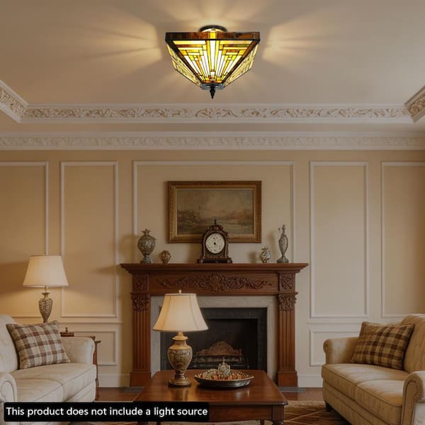 OUKANING 13.78 in. 2-Light Vintage Elegant Multi-Colored Stained