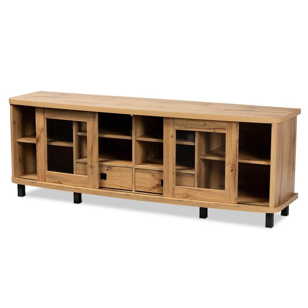 Oak Brown Wood TV Stand with Glass Doors and Drawers