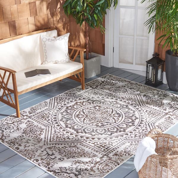 Havana 7 ft. x 7 ft. Square Light Brown/Black Floral Medallion Indoor/Outdoor Area Rug