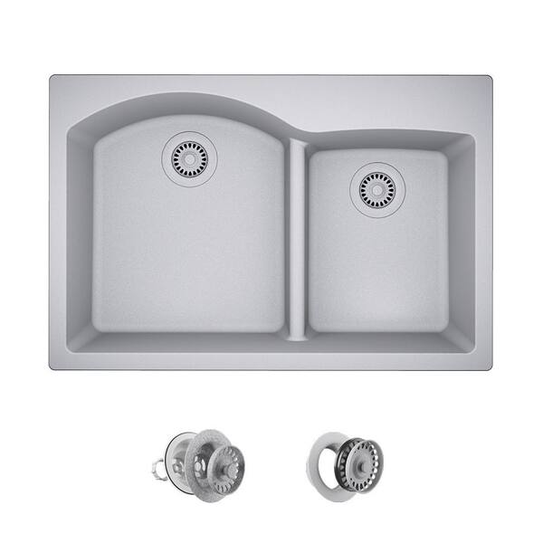 MR Direct Silver Quartz Granite 33 in. Double Bowl Drop-In Kitchen Sink with Matching Strainer and Flange