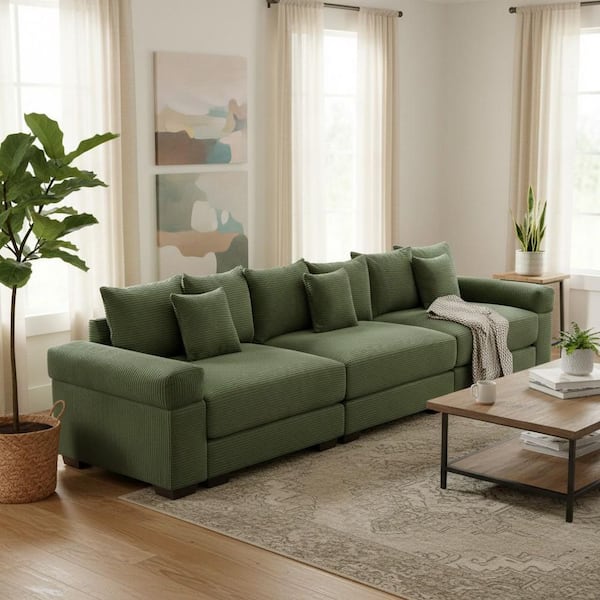 Homy Casa GLSMZT 129.9 in. Straight Arm 3-Piece Corduroy Modular Sectional Sofa and Ergonomic Design in Olive Green