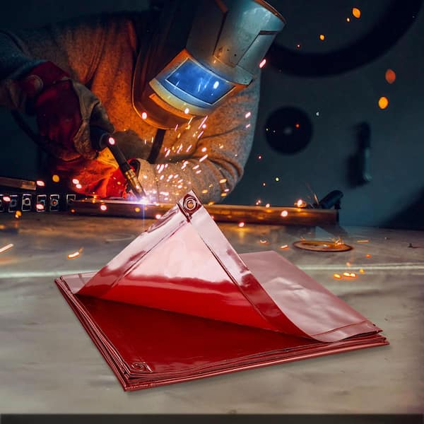 6 ft. x 6 ft. Welding Screen Flame-Resistant Vinyl Welding Curtain with Frame 4-Wheels Light-Proof Professional in Red