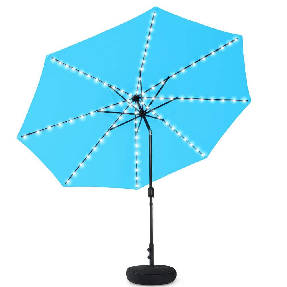 AURA Outdoor 11 ft. Sky Blue Round Solar LED Metal Rotation Cantilever Offset Outdoor Patio Umbrella with a Base in Sand AURA Outdoor 11 ft. Sky Blue Round Solar LED Metal Rotation Cantilever Offset Outdoor Patio Umbrella with a Base in Sand