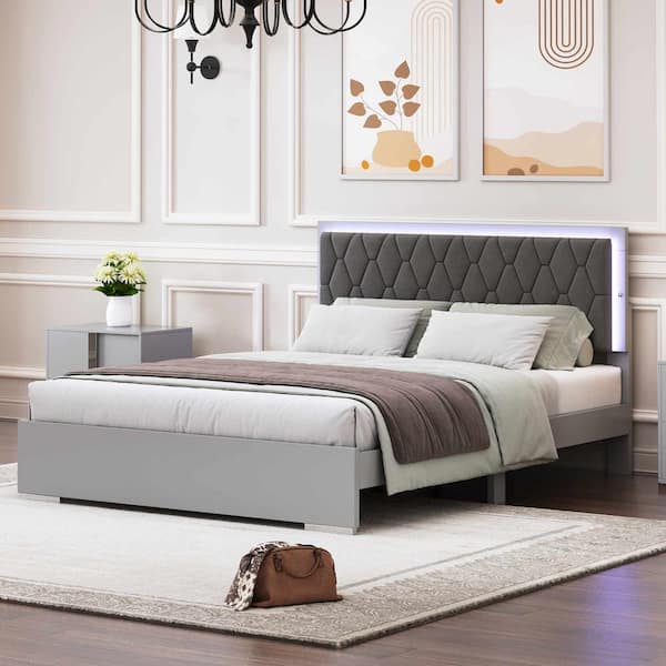 Polibi Modern Gray Wood Frame Queen Size Upholstered Platform Bed with LED Light and Velvet Headboard