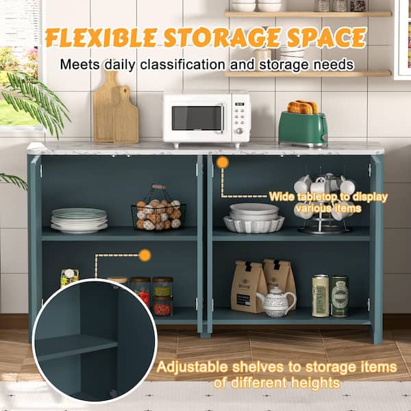 60.24 in. W Teal Blue MDF Sideboard Buffet, Accent Storage Cabinet with Adjustable Shelves and Curved Turn