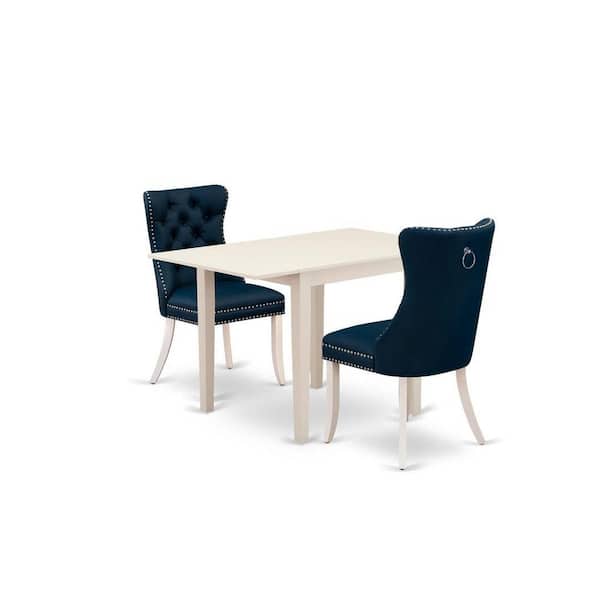 East West Furniture 3-Piece Linen White Finish Rectangular Solid Wood Top with Dropleaf Dining Table Set