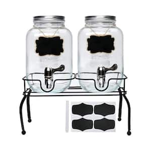 3.78L 1 Gal. 2-Jar Glass Food Grade Beverage Dispenser with Black Metal Stand, Leak Free Spigot, Chalkboard Lables