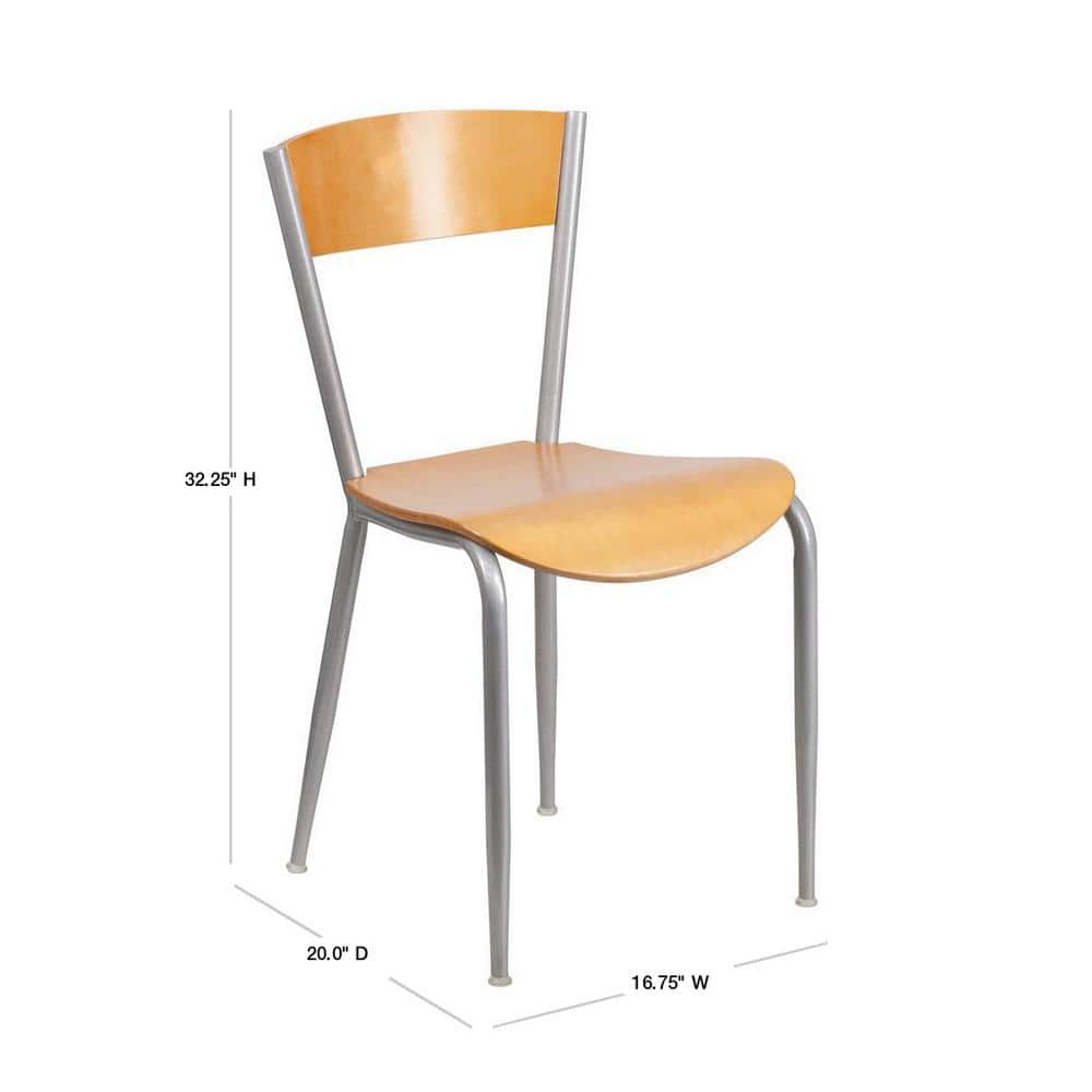 Chic Silver Steel Side Chair with Natural Wood Seat and Back