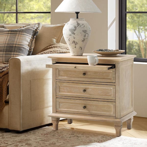 Julia Natural 27 in. H Traditional 3-Drawer Solid Wood Legs Nightstand with Charging Station