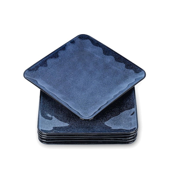 8 in. Ceramic Square Dinner Plates Set of 6 for Salad Dessert Appetizer Blue Microwave and Dishwasher Safe