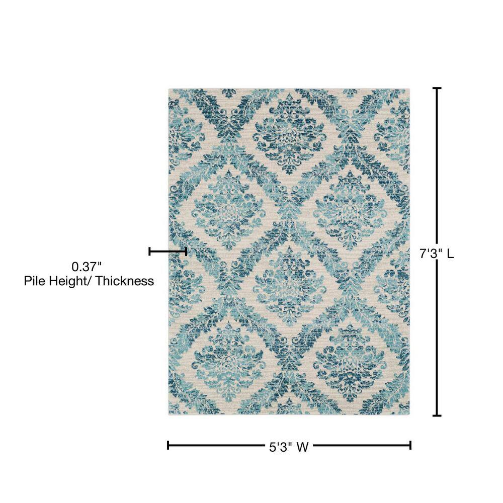 Blue and Beige Rectangular Synthetic Area Rug, 5' x 7'