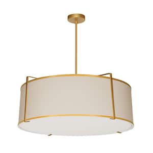 Trapezoid 4-Light Gold Frame Pendant with Cream Fabric Shade