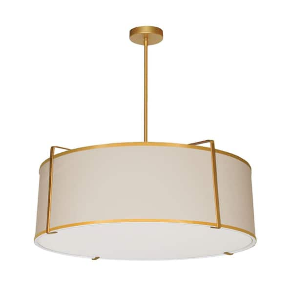 Trapezoid 4-Light Gold Frame Pendant with Cream Fabric Shade