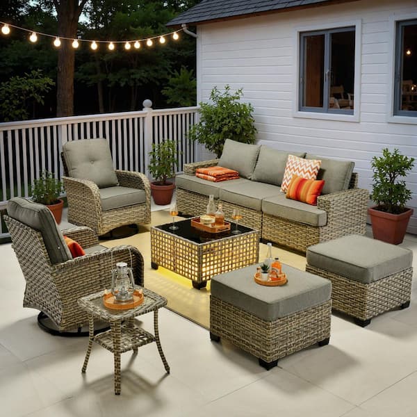 Tiberte Gray 9-Piece Wicker Outdoor Sectional Set with Dark Gray Cushions and Solar LED Coffee Table