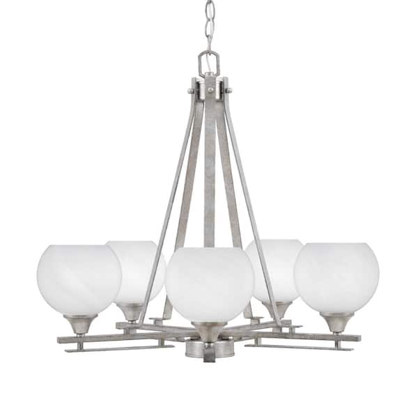 Unbranded Ontario 22.75 in. 5-Light Aged Silver Geometric Chandelier for Dinning Room with White Marble Shades No Bulbs Included