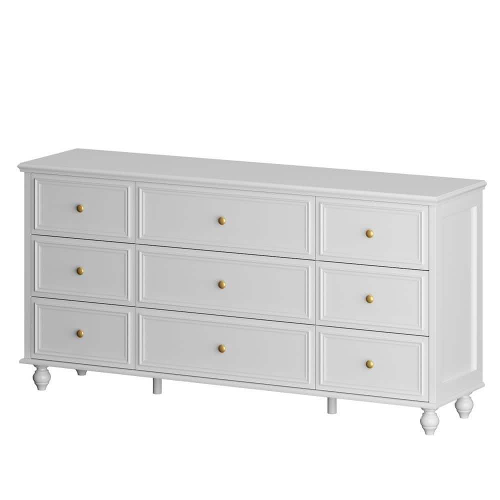 FUFU&GAGA White Wooden 9-Drawer 63 in. W x 15.7 in. D x 31.5 in. H, Chest of Drawers, Make-Up Vanity, Dresser