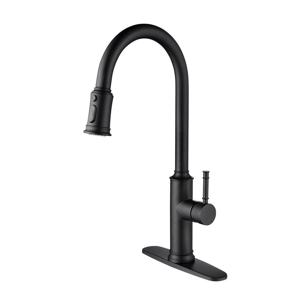Single Handle Pull Down Sprayer Kitchen Faucet with Deck Plate in Matte Bla