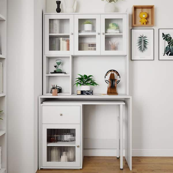 39 in. White Wood 1-Drawer Computer Desk with 90° Rotating Desktop