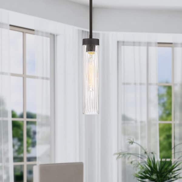 Braden 60-Watt 1-Light Iron graphite Modern Mini Pendant Light with Striated Blown Glass Shade and No Bulbs Included