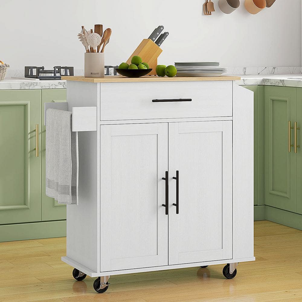FAMYYT Rolling White Wood Top 30 in. Kitchen Island with Outlets
