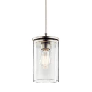 Crosby 1-Light Brushed Nickel Contemporary Kitchen Mini Pendant Hanging Light with Clear Glass