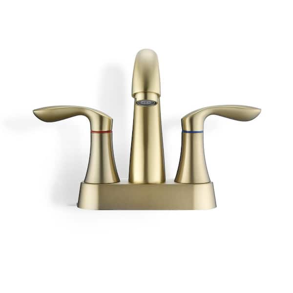 PROOX 4 in. Centerset Double Handle High Arc Bathroom Faucet with Drain Kit Included in Brushed Gold