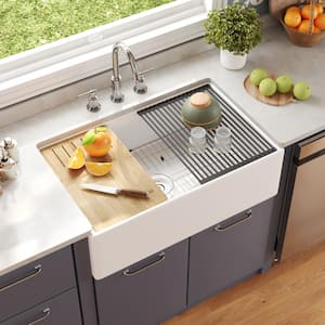 33 in. Fireclay Single Bowl Farmhouse Apron Workstation Kitchen Sink in Glossy White