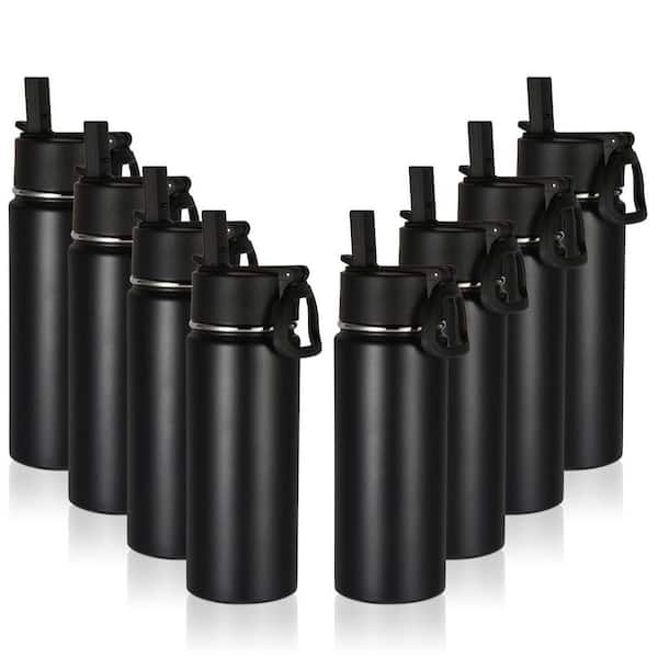 16 oz Kids Stainless Steel Water Bottle 8-Pack with Straw Lid and Wide Handle for School, Black