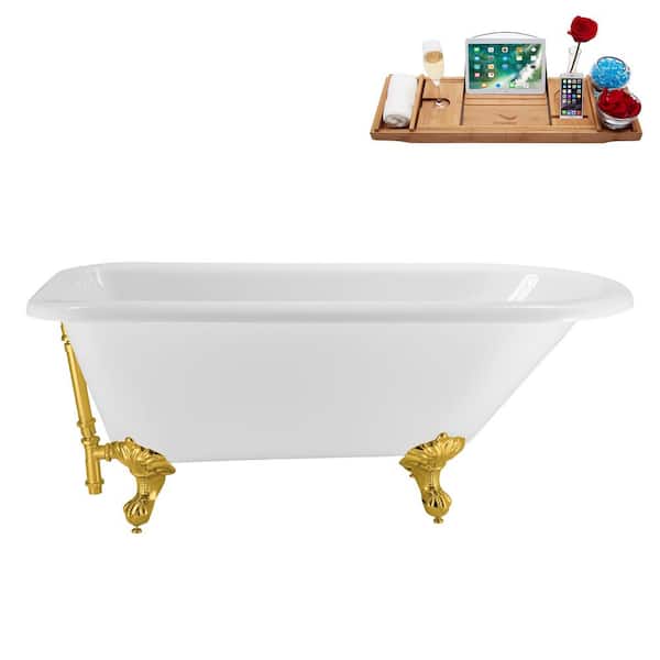 Streamline 62 in. x 29 in. Acrylic Clawfoot Soaking Bathtub in Glossy White with Polished Gold Drain, Polished Gold Clawfeet