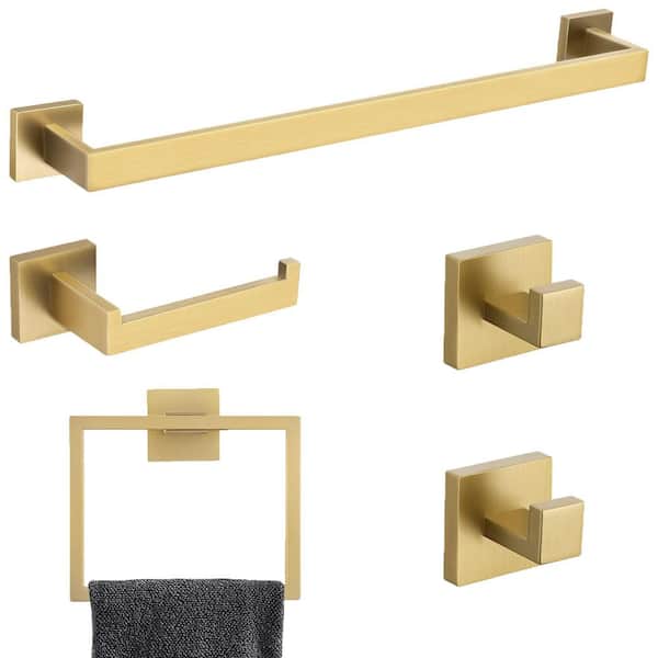 5-Piece Bath Hardware Set with Towel Ring Toilet Paper Holder Towel Hook in Brushed Gold