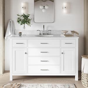 Bristol 55 in. W x 22 in. D x 35.25 in. H Freestanding Bath Vanity in White with White Marble Top