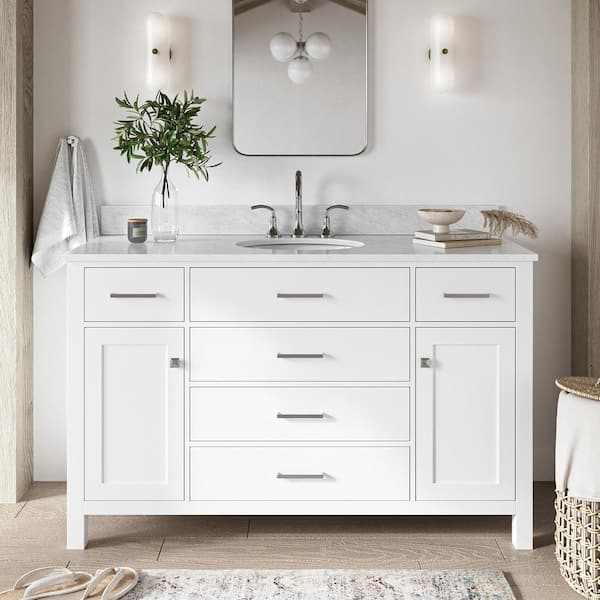 ARIEL Bristol 55 in. W x 22 in. D x 35.25 in. H Freestanding Bath Vanity in White with White Marble Top