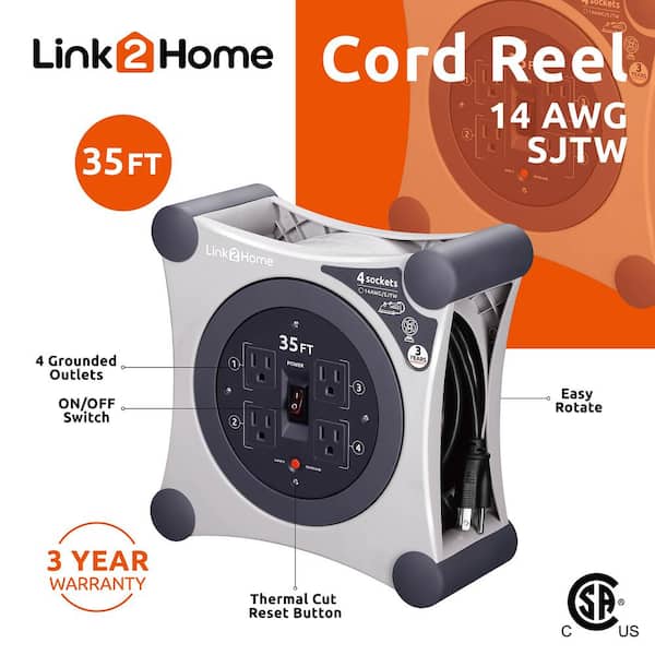 Link2Home 35 ft. 14/3 Extension Cord Storage Reel with 4 Grounded Outlets  and Surge Protector EM-EL-350G - The Home Depot