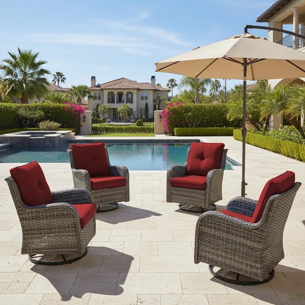 Pocassy 4-Piece Set Outdoor Swivel Gray Wicker Outdoor Rocking Chair with CushionGuard Red Cushions