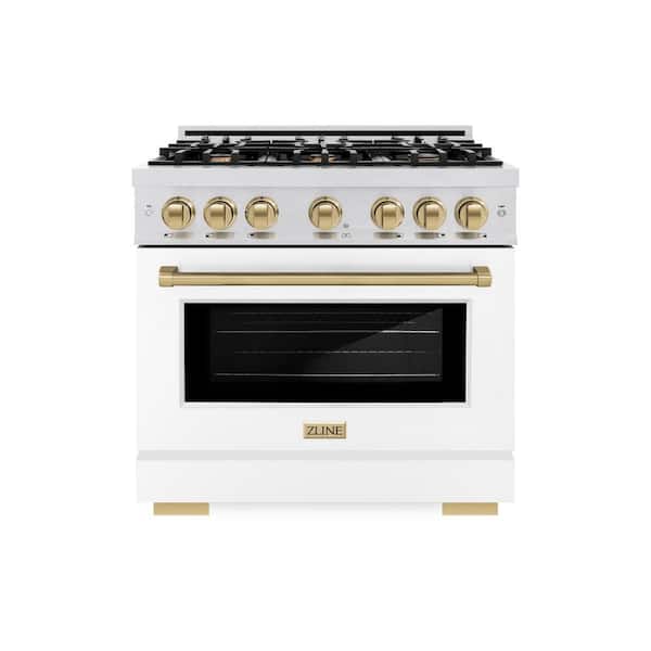 Autograph 36 in. Select Gas Range with 6 Burners and Convection Gas Oven in Satin Steel with White and Bronze Accents