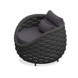 Bird's Nest Shaped Black Metal Lounge Chair with Dark Gray Cushions